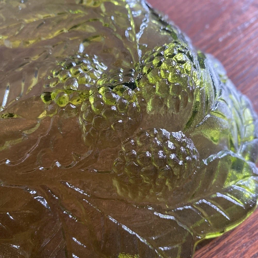 Vintage  Indiana Glass Candy Dish Avocado Green Raspberry Blackberry Leaf Design